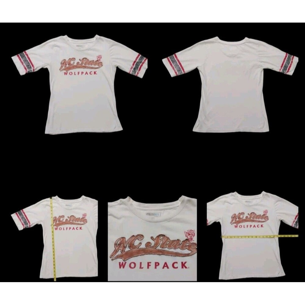 Y2K Vntg Press Box NC State Wolf Pack Logo Woman T-Shirt Large White 3/4 Sleeve